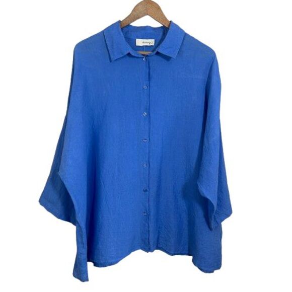 Sauths Cathy Linen Blouse XL XXL Blue Button Up Boxy Lagenlook Collar - Picture 1 of 7